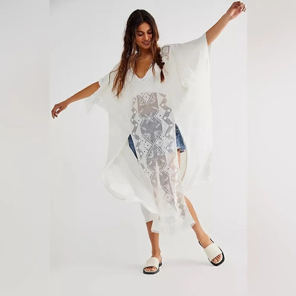 NWT FREE PEOPLE SET THE TABLE LACE KAFTEE KAFTAN MAXI TEE M/L
